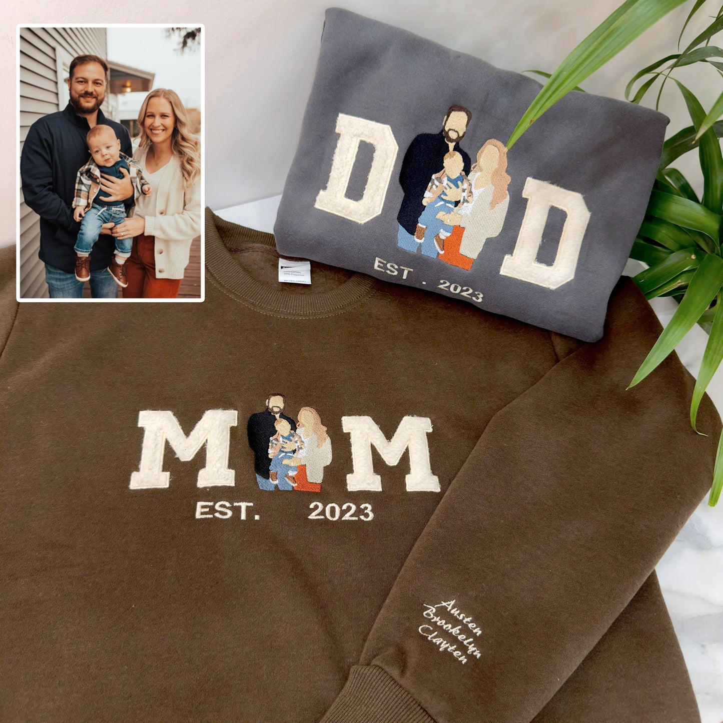 Father's Mother's Day Photo Personalized Fleece Fabric Embroidered DD MM Hoodie Sweatshirt T-Shirt