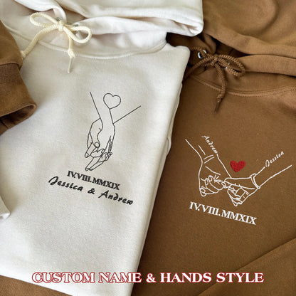 Valentine Custom Embroidered Couple Names Holding Hands Hoodie Sweatshirt T-shirt