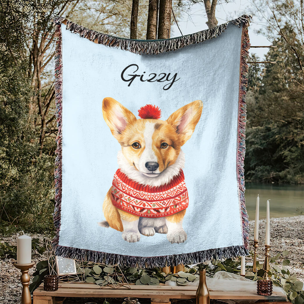 Personalized Pup In Ugly Sweater Custom Woven Blanket