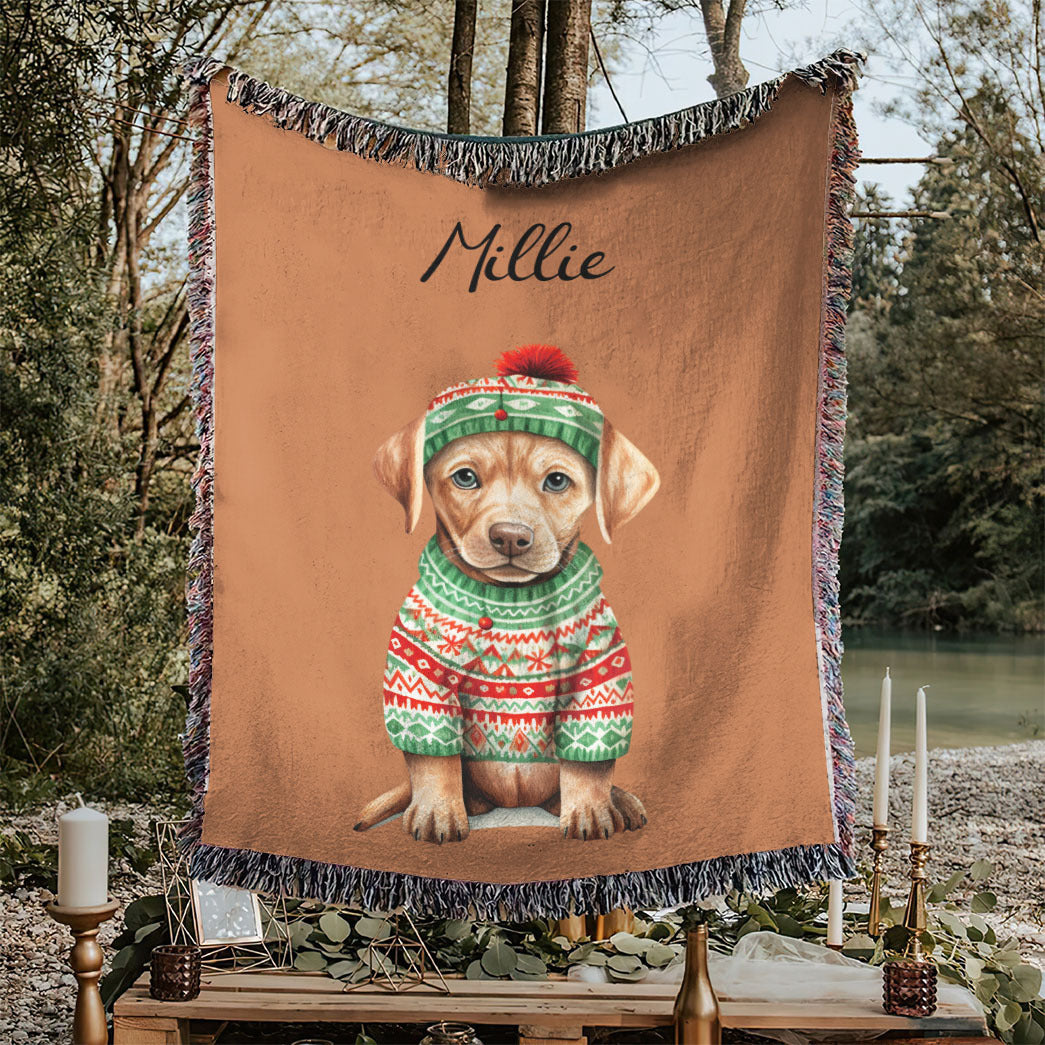 Personalized Pup In Ugly Sweater Custom Woven Blanket
