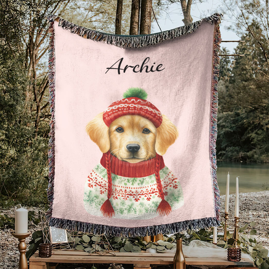 Personalized Pup In Ugly Sweater Custom Woven Blanket
