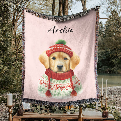 Personalized Pup In Ugly Sweater Custom Woven Blanket