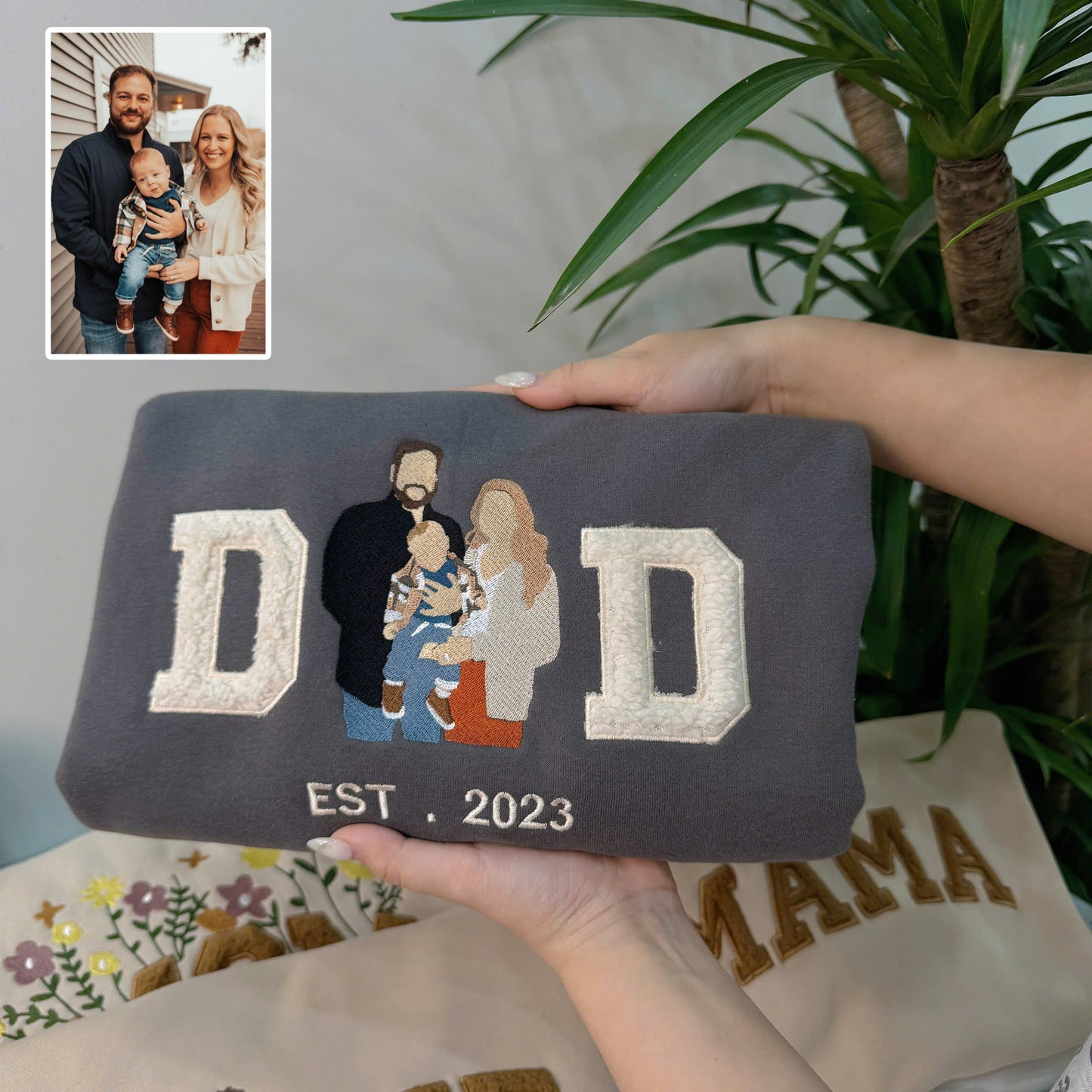 Father's Mother's Day Photo Personalized Fleece Fabric Embroidered DD MM Hoodie Sweatshirt T-Shirt