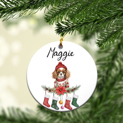 Personalized Pup In Ugly Sweater With Christmas Stockings Custom Ceramic Ornament