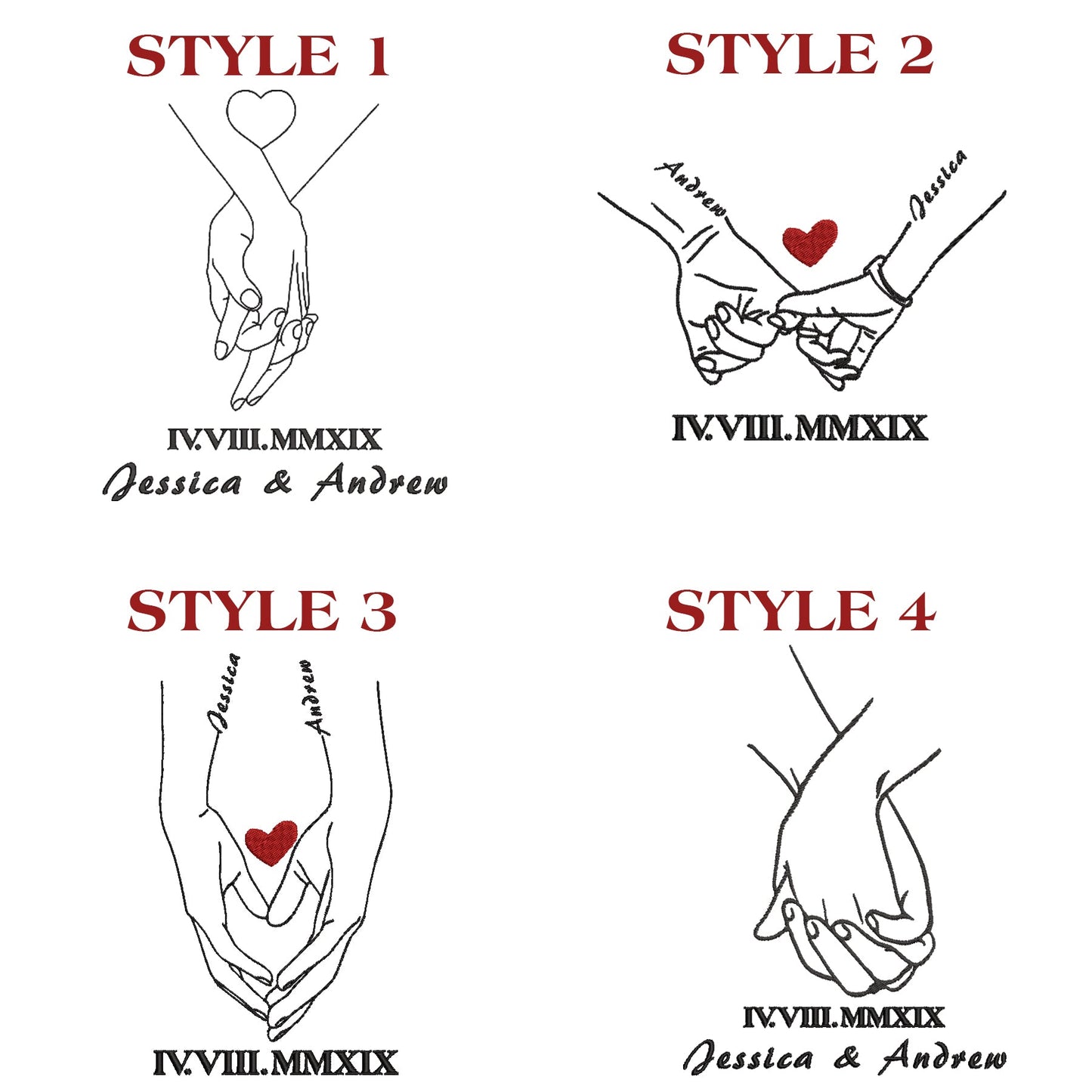 Valentine Custom Embroidered Couple Names Holding Hands Hoodie Sweatshirt T-shirt