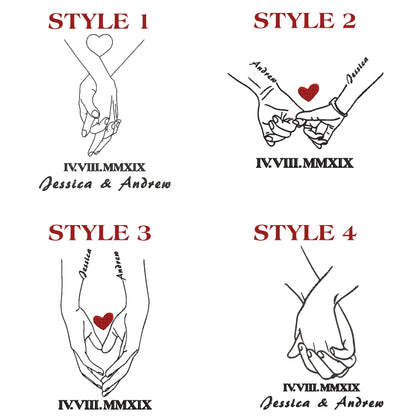 Valentine Custom Embroidered Couple Names Holding Hands Hoodie Sweatshirt T-shirt