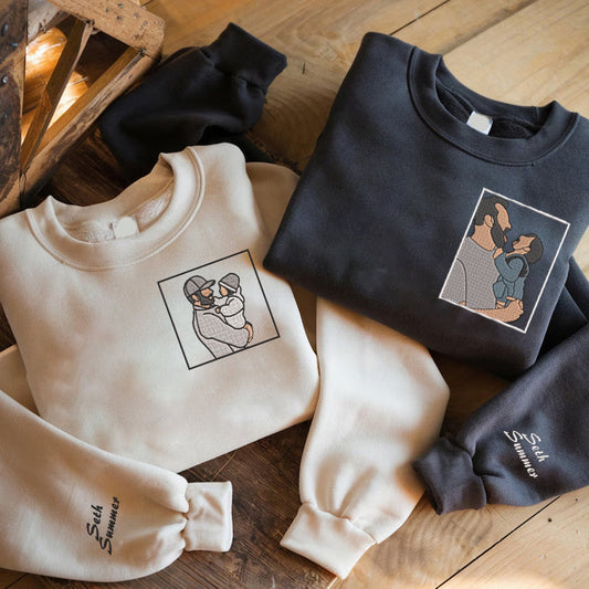 Father's Day Personalized Embroidered Family Photo Framed Hoodie Sweatshirt T-Shirt