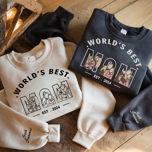 Mother's Day Personalized Embroidered World's Best Mom 3 Family Photos Hoodie Sweatshirt T-Shirt, Gift For Mom, Mother's Day Gift