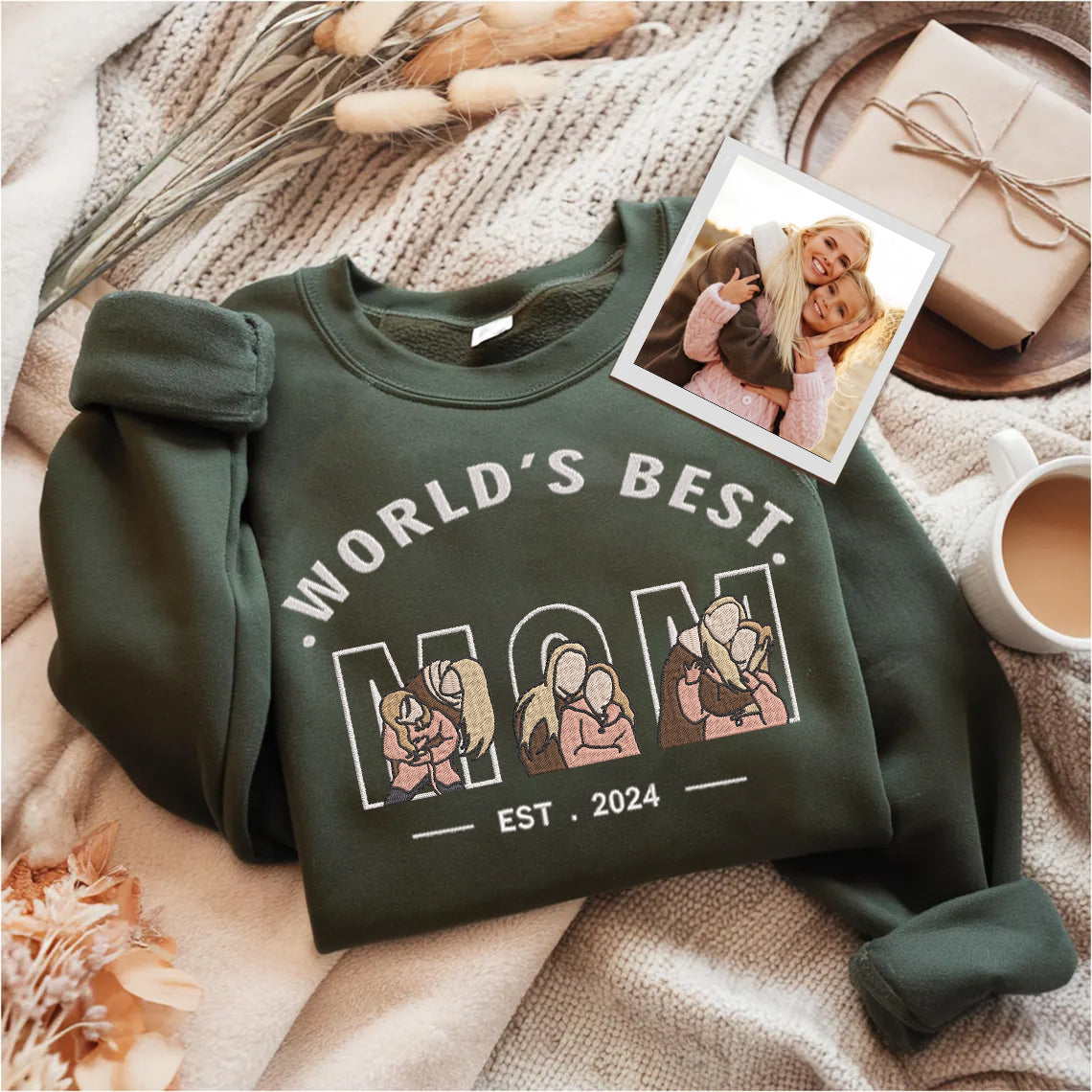 Mother's Day Personalized Embroidered World's Best Mom 3 Family Photos Hoodie Sweatshirt T-Shirt, Gift For Mom, Mother's Day Gift