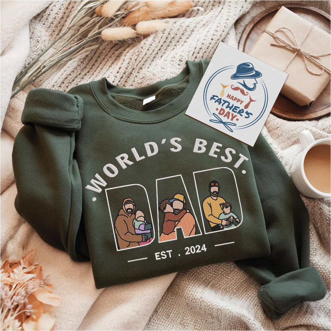 Father's Day Personalized Embroidered World's Best Dad 3 Family Photos Hoodie Sweatshirt T-Shirt, Gift For Dad, Father's Day Gift