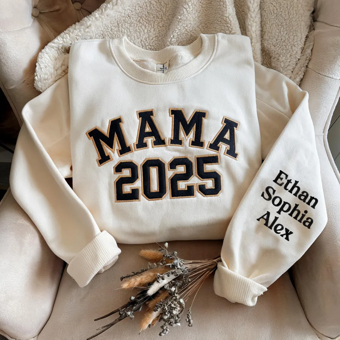 Mother's Day Personalized Embroidered Custom Text MOM MAMA GRANDMA Hoodie Sweatshirt T-Shirt