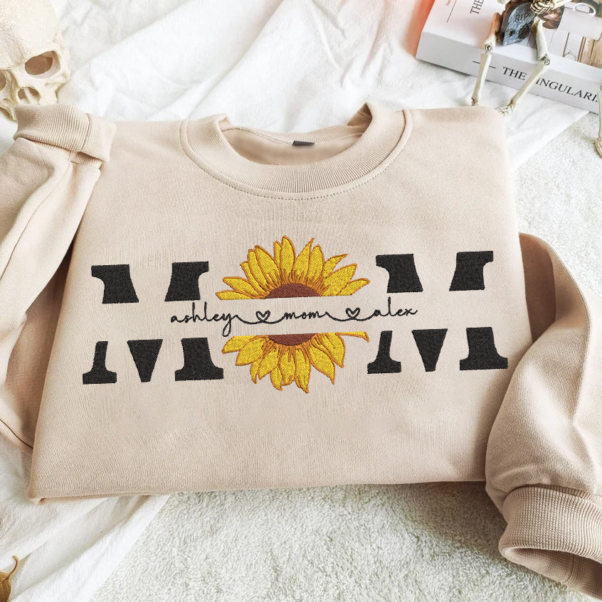 Mother's Day Personalized Embroidered Sunflower MOM with Names Hoodie Sweatshirt T-Shirt