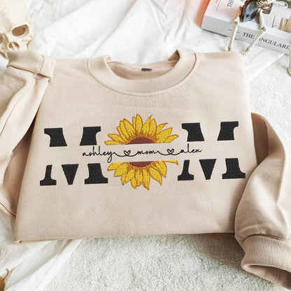 Mother's Day Personalized Embroidered Sunflower MOM with Names Hoodie Sweatshirt T-Shirt