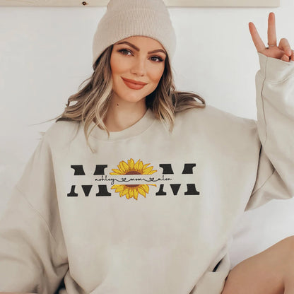 Mother's Day Personalized Embroidered Sunflower MOM with Names Hoodie Sweatshirt T-Shirt