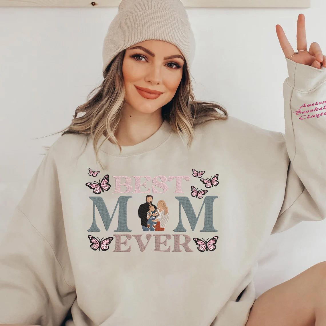 Mother's Day Personalized Embroidered Best MOM Ever with Family Photo Hoodie Sweatshirt T-Shirt