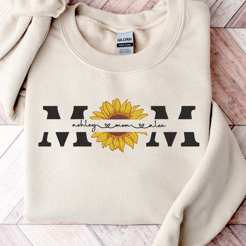 Mother's Day Personalized Embroidered Sunflower MOM with Names Hoodie Sweatshirt T-Shirt