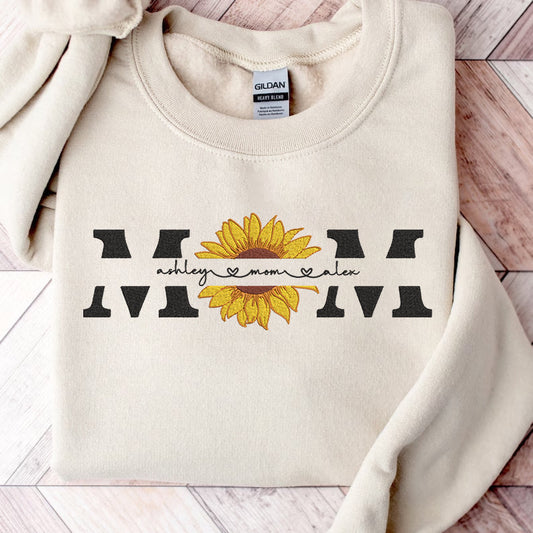 Mother's Day Personalized Embroidered Sunflower MOM with Names Hoodie Sweatshirt T-Shirt
