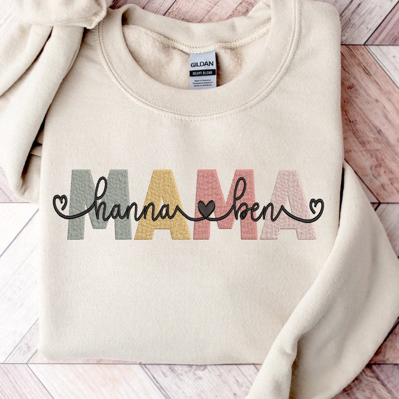 Mother's Day Personalized Embroidered Mama with Names Hoodie Sweatshirt T-Shirt