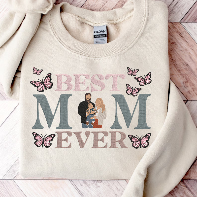 Mother's Day Personalized Embroidered Best MOM Ever with Family Photo Hoodie Sweatshirt T-Shirt