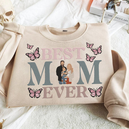 Mother's Day Personalized Embroidered Best MOM Ever with Family Photo Hoodie Sweatshirt T-Shirt