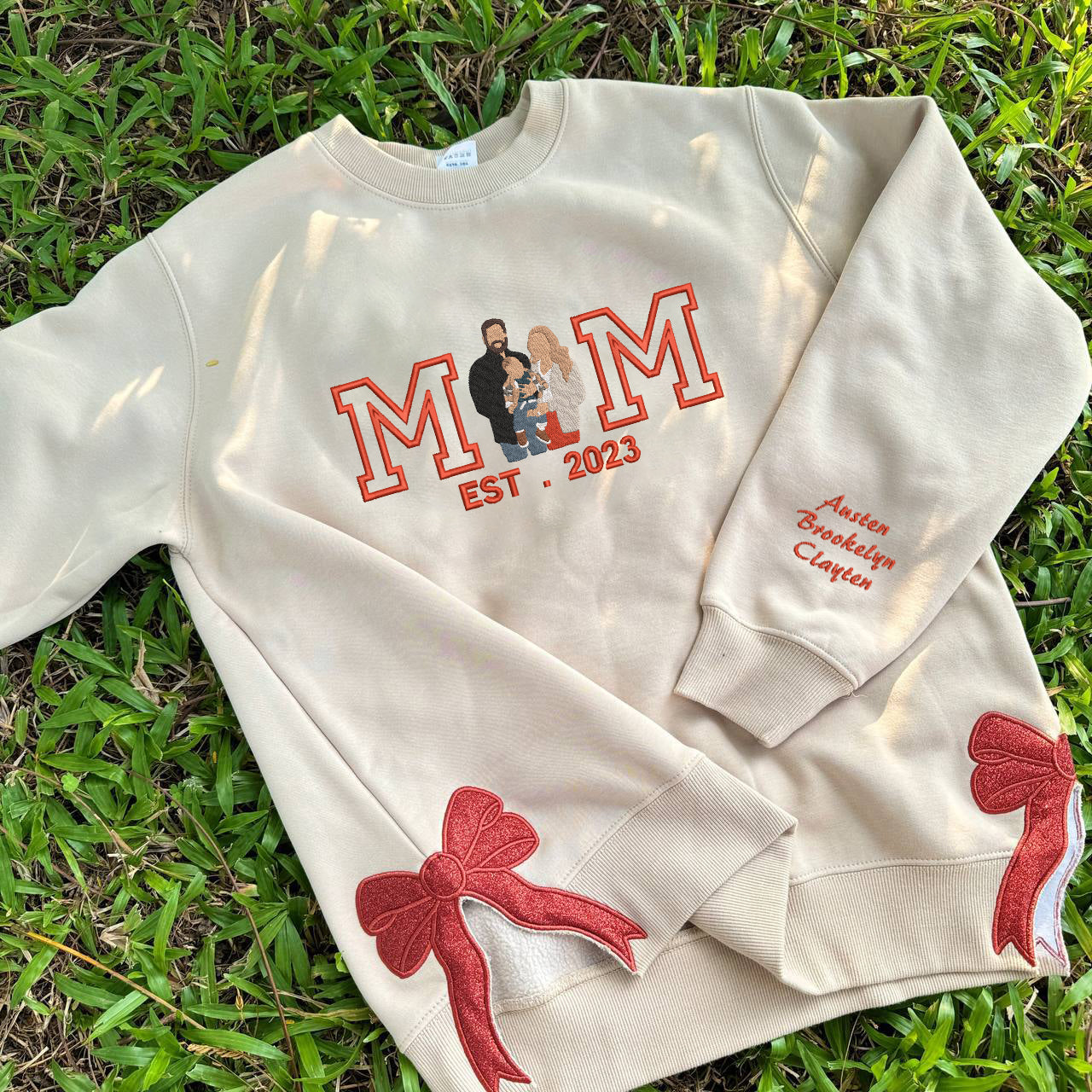 Christmas Personalized Embroidered Family Photo With Glitter Bow Hoodie Sweatshirt T-Shirt